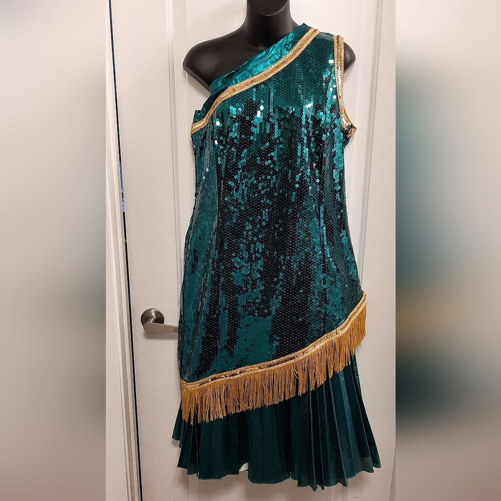 Vintage Competition Dance Ballroom Dress Sequin & Metalic Green One Shoulder